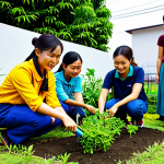 A diverse group of young Vietnamese environmental volunteers, fully clothed in modest, practical attire, are gently tending to a vibrant community garden in an urban setting. They are planting small trees and watering plants with care, displaying a deep sense of connection and respect for nature. The garden is lush with green foliage and colorful flowers, symbolizing revitalization and harmony with the environment. The scene captures a feeling of hopeful community action, professional photography, natural pose, perfect anatomy, correct proportions, well-formed hands, proper finger count, natural body proportions, safe for work, appropriate content, family-friendly.