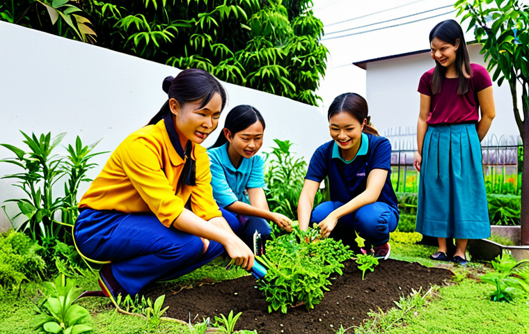 A diverse group of young Vietnamese environmental volunteers, fully clothed in modest, practical attire, are gently tending to a vibrant community garden in an urban setting. They are planting small trees and watering plants with care, displaying a deep sense of connection and respect for nature. The garden is lush with green foliage and colorful flowers, symbolizing revitalization and harmony with the environment. The scene captures a feeling of hopeful community action, professional photography, natural pose, perfect anatomy, correct proportions, well-formed hands, proper finger count, natural body proportions, safe for work, appropriate content, family-friendly.