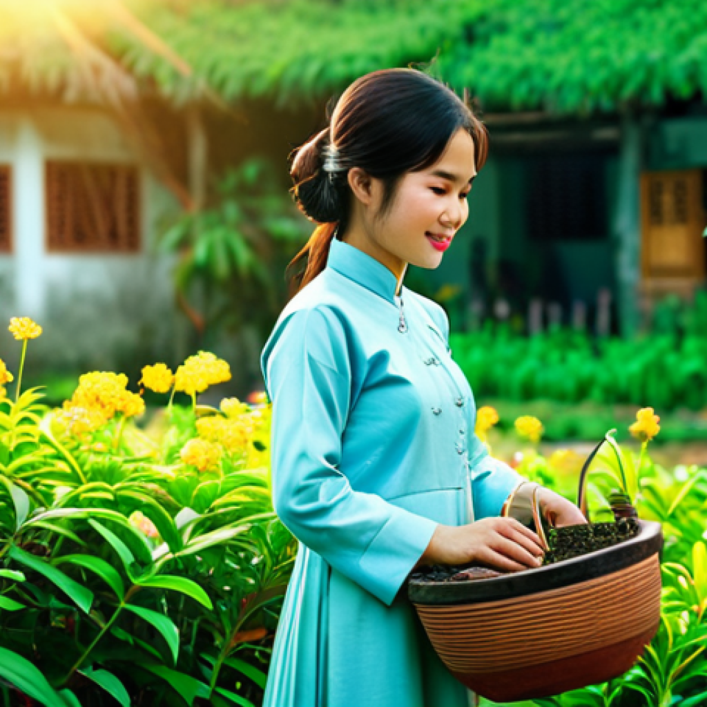 Rural Connection**

"A young Vietnamese woman in ao dai, tending a lush garden filled with diverse plants and flowers, interacting with the plants as if communicating with them, bathed in warm sunlight. Background: A traditional Vietnamese village.  Fully clothed, modest attire, appropriate content, safe for work, perfect anatomy, natural pose, professional photography, high quality, family-friendly."

**
