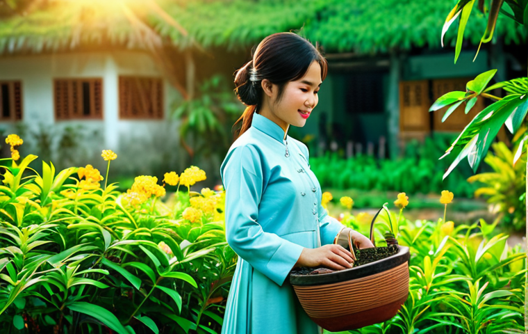 Rural Connection**

"A young Vietnamese woman in ao dai, tending a lush garden filled with diverse plants and flowers, interacting with the plants as if communicating with them, bathed in warm sunlight. Background: A traditional Vietnamese village.  Fully clothed, modest attire, appropriate content, safe for work, perfect anatomy, natural pose, professional photography, high quality, family-friendly."

**