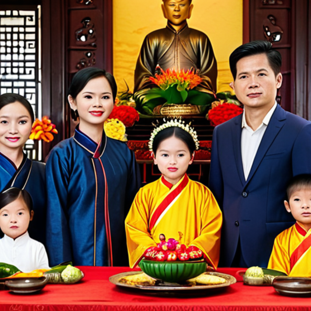 애니미즘과 현대적 리더십 - **Image Prompt 1: Honoring Ancestors**
"A Vietnamese family, fully clothed in traditional Áo dà...