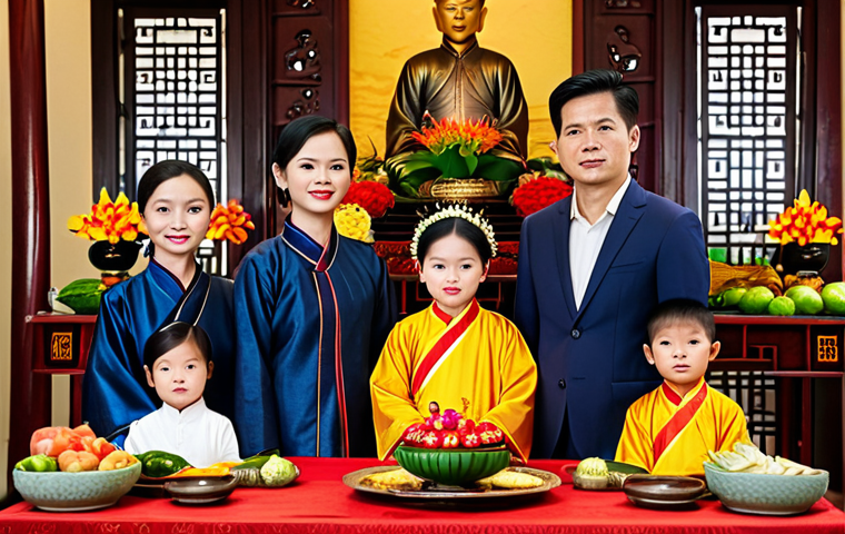 애니미즘과 현대적 리더십 - **Image Prompt 1: Honoring Ancestors**

    "A Vietnamese family, fully clothed in traditional Áo dà...