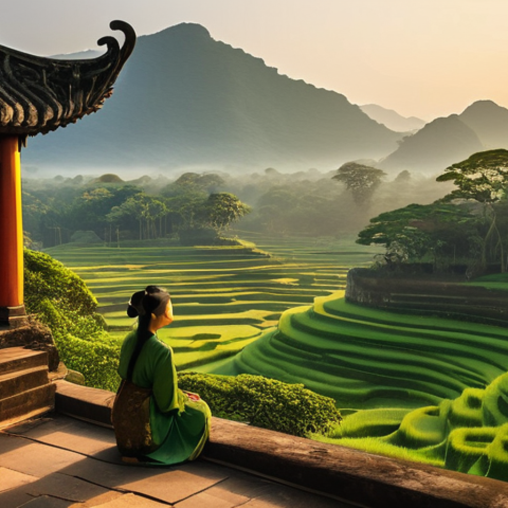 애니미즘과 현대적 신화의 재구성 - Serene Spiritual Connection Amidst Ancient Vietnamese Landscape**
Prompt: "A young Vietnamese woman,...