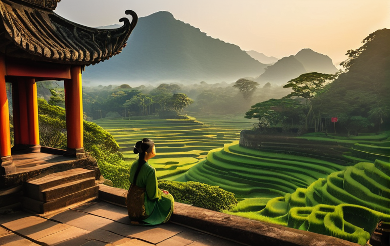 애니미즘과 현대적 신화의 재구성 - Serene Spiritual Connection Amidst Ancient Vietnamese Landscape**
Prompt: "A young Vietnamese woman,...