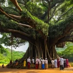 Home 16 애니미즘을 통한 글로벌 연결성 - **Prompt:** A serene and majestic scene of an ancient banyan tree (Cây đa cổ thụ) standing tall as t...