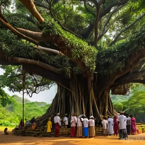 Home 28 애니미즘을 통한 글로벌 연결성 - **Prompt:** A serene and majestic scene of an ancient banyan tree (Cây đa cổ thụ) standing tall as t...