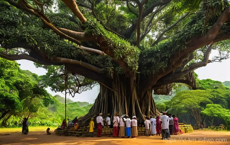애니미즘을 통한 글로벌 연결성 - **Prompt:** A serene and majestic scene of an ancient banyan tree (Cây đa cổ thụ) standing tall as t...