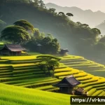 Home 14 애니미즘의 특징과 현대적 적용 사례 - A serene traditional Vietnamese mountain village scene at sunrise, featuring ancient towering trees ...