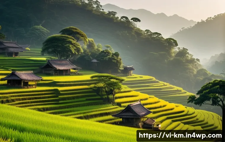 애니미즘의 특징과 현대적 적용 사례 - A serene traditional Vietnamese mountain village scene at sunrise, featuring ancient towering trees ...