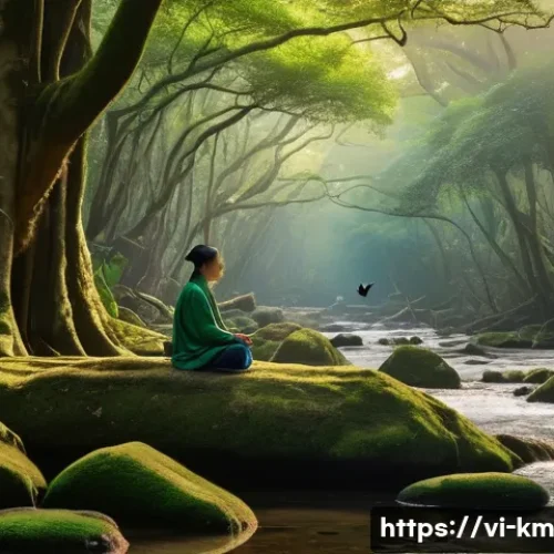 Home 13 애니미즘과 정신적 웰빙 - A serene Vietnamese forest scene at dawn, featuring tall ancient trees with lush green leaves gently...