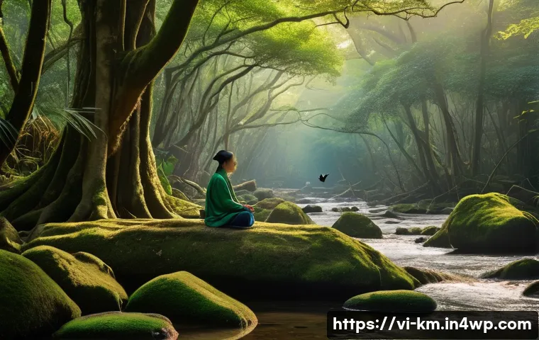 애니미즘과 정신적 웰빙 - A serene Vietnamese forest scene at dawn, featuring tall ancient trees with lush green leaves gently...