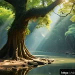 Home 21 애니미즘과 감정의 관계 - A serene Vietnamese forest scene featuring an ancient, towering tree with lush green leaves casting ...