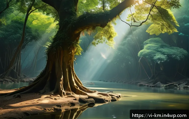 애니미즘과 감정의 관계 - A serene Vietnamese forest scene featuring an ancient, towering tree with lush green leaves casting ...