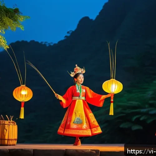 Home 32 애니미즘과 음악의 관계 - A serene Vietnamese traditional festival scene at dusk, featuring villagers dressed in colorful trad...