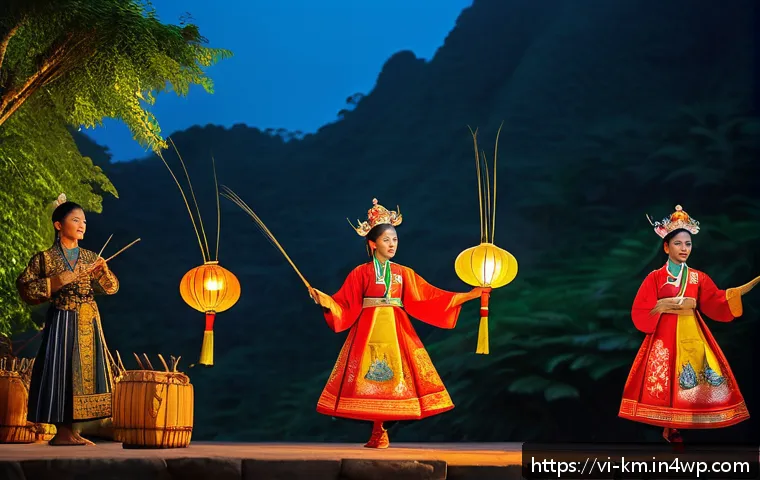 애니미즘과 음악의 관계 - A serene Vietnamese traditional festival scene at dusk, featuring villagers dressed in colorful trad...