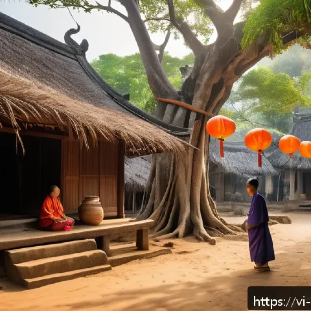 애니미즘과 자연의 연결성 - A serene Vietnamese village scene centered around an ancient banyan tree revered as a sacred spirit ...