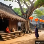 Home 19 애니미즘과 자연의 연결성 - A serene Vietnamese village scene centered around an ancient banyan tree revered as a sacred spirit ...