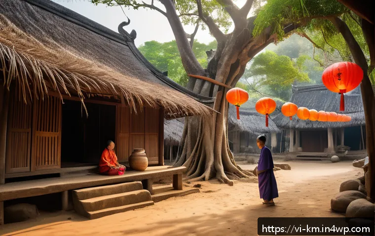 애니미즘과 자연의 연결성 - A serene Vietnamese village scene centered around an ancient banyan tree revered as a sacred spirit ...