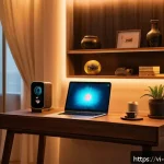 Home 18 애니미즘적 관점에서 본 현대 기술 - A futuristic Vietnamese home interior featuring everyday electronic devices like smartphones, laptop...
