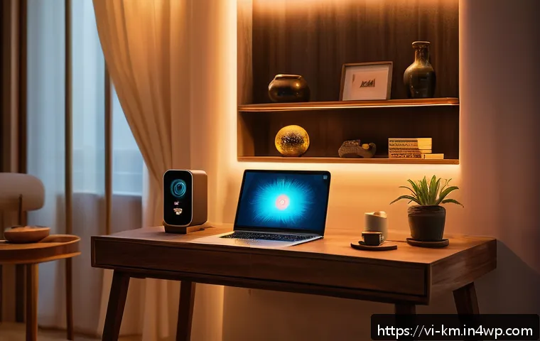 애니미즘적 관점에서 본 현대 기술 - A futuristic Vietnamese home interior featuring everyday electronic devices like smartphones, laptop...