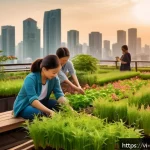 Home 23 애니미즘의 현대적 해석 방향 - A serene urban rooftop garden scene at sunset, featuring a diverse group of young Vietnamese adults ...