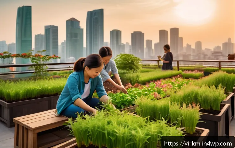 애니미즘의 현대적 해석 방향 - A serene urban rooftop garden scene at sunset, featuring a diverse group of young Vietnamese adults ...