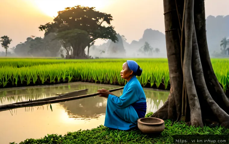 Home 17 애니미즘의 철학적 접근 - Photorealistic contemplative scene in a rural Vietnamese garden at dawn, an elderly Vietnamese woman...