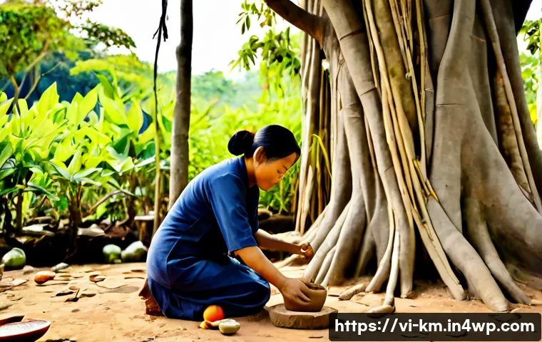 Home 17 애니미즘의 예술적 표현 방식 - Photorealistic Vietnamese folk artist shaping a small clay forest spirit sculpture beneath an ancien...